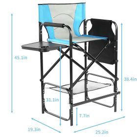 31" Tall Directors Chair with Footrest, 4Portable Bar Height Folding Camping Chair with Built-in Cup Holder, Side Table, Storage Pocket, Blue & G