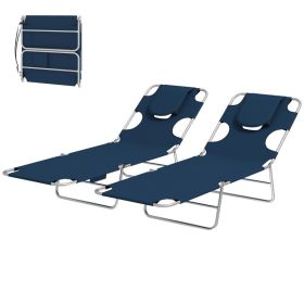 2 Tanning Chairs with Face Hole, 5-Level Adjustable Outdoor Chaise Lounge Chair with Pillow for Beach, Pool, Dark Blue (Option: Dark Blue-730x230x580 mm)