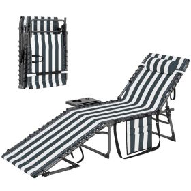 Folding Outdoor Chaise Lounge Chair Tanning Chair with 5-Level Adjustable Back, Side Table, Pillow, Pocket, Blue White (Option: Blue and White-780x170x620 mm)